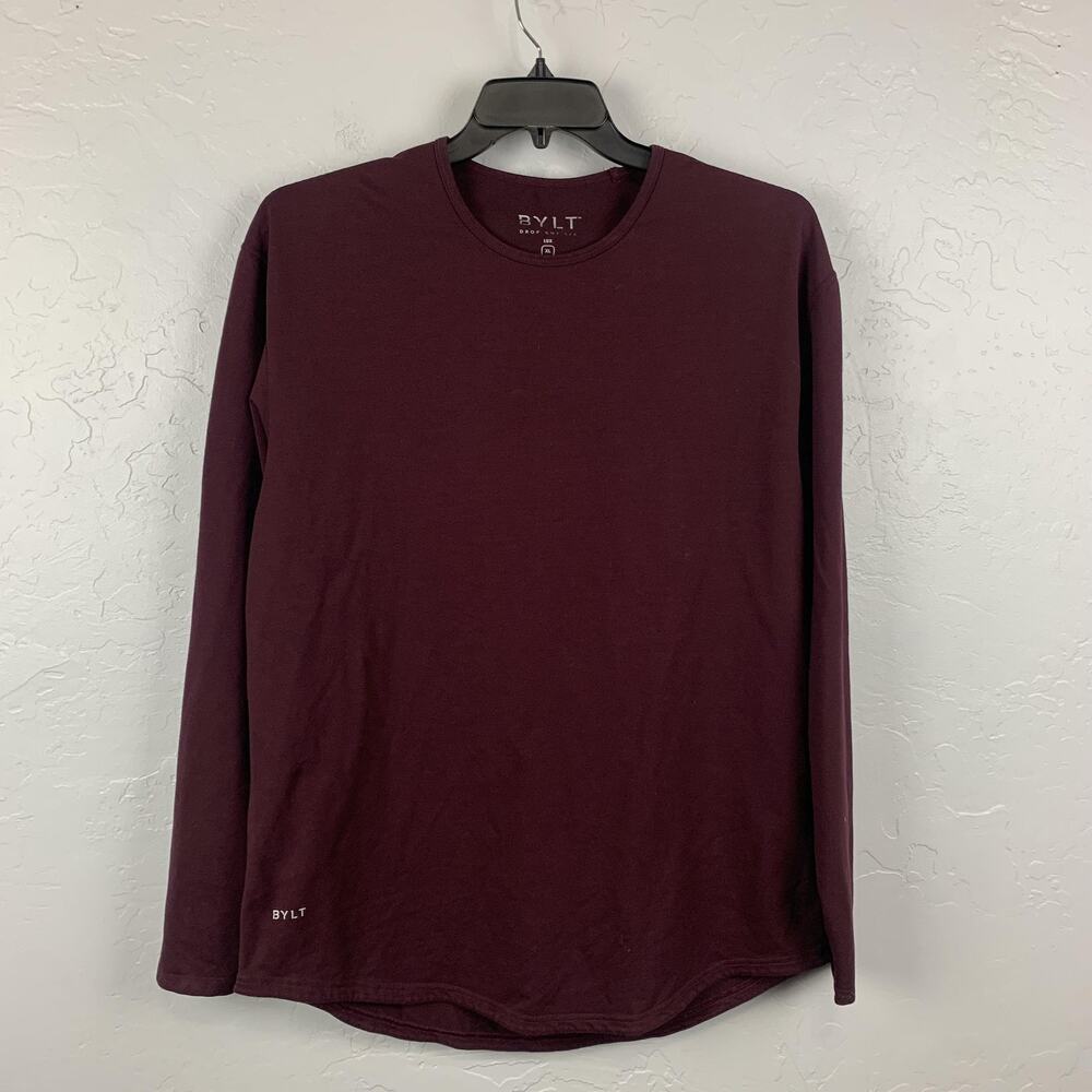 BYLT Shirt Mens XL Burgundy Drop-Cut L/S Lux Crewneck Stretch Casual Athletic